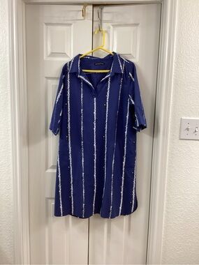Midi Shirt Dress in Blue with White Stripes and black highlights